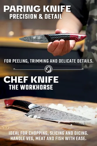 Miniatura 4 de Dalstrong Juego de 2 Cuchillos - Cuchillo de Chef 8"+Cuchillo de Pelar 4"-Serie Scorpion Hellfire-Acero Ultra™V12 Japonés-Damasco Negro-Mango