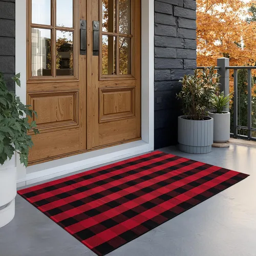 Miniatura 14 de joybest - Alfombra de felpudo tipo búfalo a cuadros de 27.5 x 43 pulgadas en negro y rojo; alfombra de algodón tejida a mano para puerta delantera