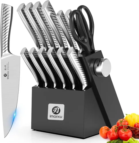 Miniatura 9 de imarku® Juego de cuchillos, juego de 14 piezas para cocina con bloque, juego de cuchillos de cocina de una pieza premium con afilador, juego