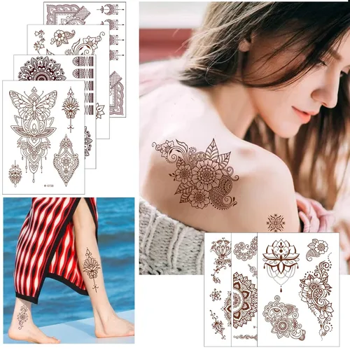 Miniatura 5 de Kit de tatuaje de henna de 10 piezas, calcomanías temporales Adul, patrón de encaje, tatuajes falsos, calcomanías de henna para mujeres y niñas
