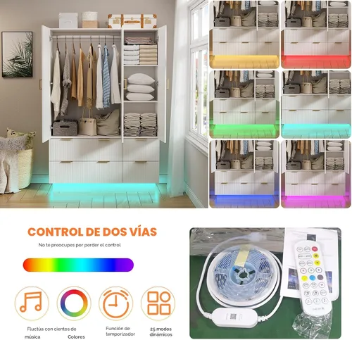 Miniatura 4 de PAKASEPT Armario de 3 puertas, armario de dormitorio con espejo y luces LED, barra para colgar, cajones, armario de almacenamiento de gran capacidad