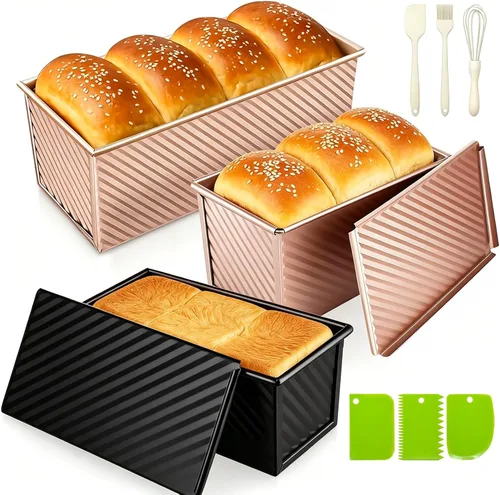 Miniatura 8 de Paquete de 2 moldes para pan con tapas, capacidad de masa de 1 libra, molde para pan Pullman de acero al carbono antiadherente para sándwich casero