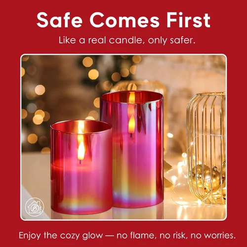 Miniatura 6 de Eywamage Juego de 3 velas LED sin llama de cristal rojo con control remoto, velas parpadeantes de cera real