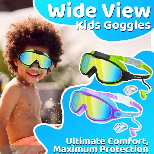 Miniatura 2 de Vvinca Gafas de natación para niños, con tapones para los oídos y clip para la nariz, visión amplia, antivaho y UV, para niños y niñas de 3 a 15 años