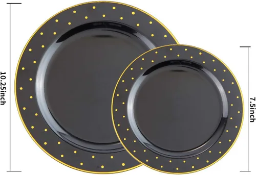 Miniatura 5 de I00000 - Paquete de 102 unidades, platos de plástico de color negro y dorado, 51 platos llanos de 10.25 pulgadas y 51 platos de postre de 7.5