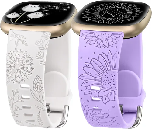 Miniatura 10 de Minyee Paquete de 2 correas grabadas florales compatibles con Fitbit Versa 4/Versa 3/Sense 2/Sense Band para mujer, lindo diseño de girasol