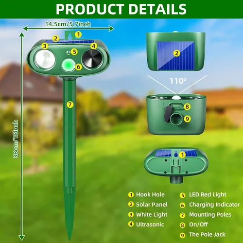 Miniatura 9 de 2026 4Pack Sonic Fortress Pro Deer Repellent Outdoor Solar Ultrasonic Animal Repellent with Motion Sensor&Flash Light, IP65 Waterproof Squirrel