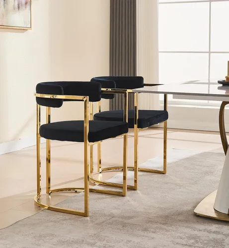 Miniatura 6 de Hyfirm Juego de 2 sillas de comedor de barril, modernas sillas tapizadas de comedor Belvet con reposabrazos y patas de metal dorado, silla de cocina