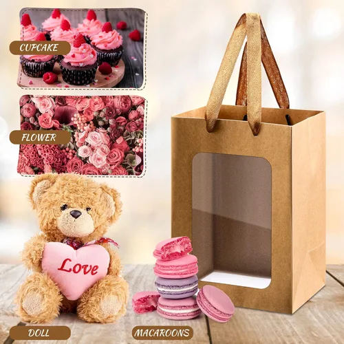 Miniatura 3 de Yexiya 15 bolsas de regalo de papel con ventana transparente, 7 x 5 x 10 pulgadas, bolsas de compras de papel kraft para bodas, cumpleaños
