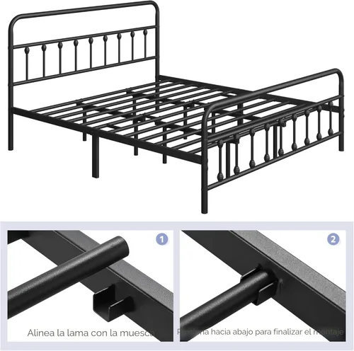 Miniatura 6 de YAHETECH - Marco de cama clásico de metal con estructura de hierro y estilo victoriano, cabecero y pie, espacio debajo de la cama, no necesita base