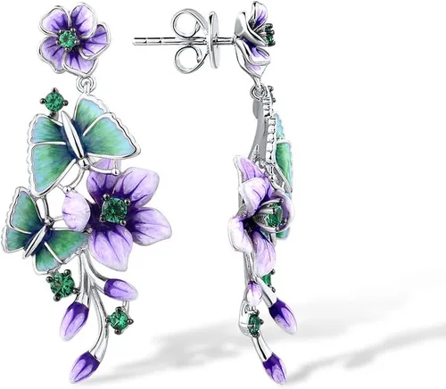 Miniatura 2 de Santuzza - Aretes colgantes de plata de ley 925 con flores esmaltadas para mujer