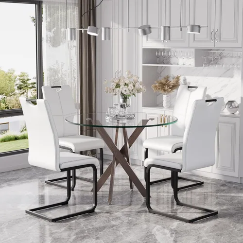 Miniatura 15 de Juego de mesa de comedor redonda moderna de vidrio de 36 pulgadas para 2, mesa de comedor de vidrio con patas cruzadas de metal, mesa de cocina