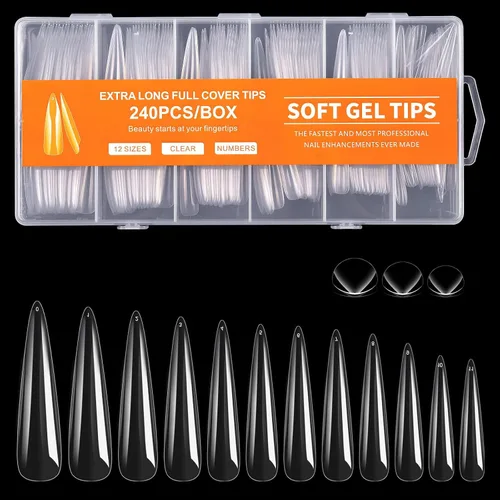Miniatura 12 de Puntas de uñas largas cuadradas, 240 puntas de uñas de gel suave de cobertura completa, pregrabadas, 3XL, cuadradas transparentes, acrílicas