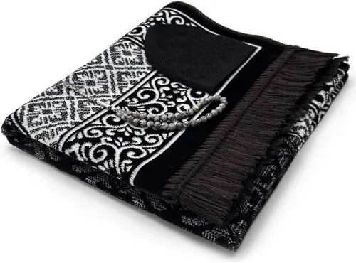 ESERRA Juego de alfombrillas de oración de terciopelo todo en uno para el Islam, alfombra gruesa de oración musulmana, sombrero Kufi negro, piedra