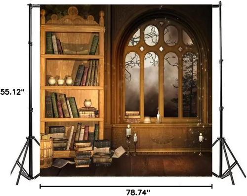 Miniatura 8 de AOFOTO Fondo de fotografía de habitación mágica vintage de 5 x 5 pies, fondo de estantería retro encantada, estantería antigua, ventana, libro