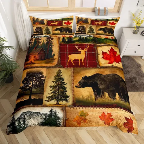 Funda de edredón rústica tamaño Queen, juego de ropa de cama retro para cabaña de cabaña, oso de caza, ciervo, hojas de arce, funda de edredón de