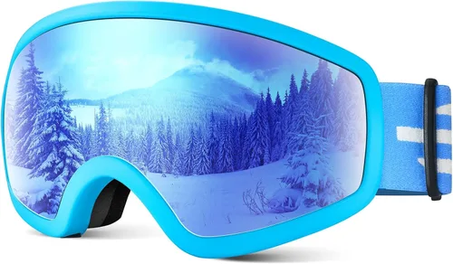 Gafas de esquí para niños, gafas de esquí de nieve para niños, jóvenes, adolescentes, niños y niñas de 5 a 14 años 04.blue con lente verde plata