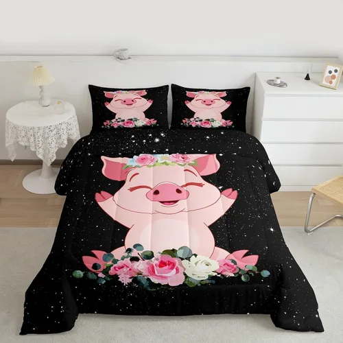 Miniatura 2 de Erosebridal Juego de edredón de cerdo rosa para niñas, decoración de habitación Kawaii, tamaño individual, relleno de edredón de hojas florales