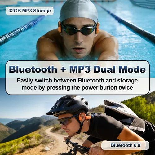 Miniatura 5 de Auriculares de natación de conducción ósea, auriculares subacuáticos impermeables IP68, Bluetooth 6.0 y MP3 con tarjeta de memoria de 32 GB, Naranja