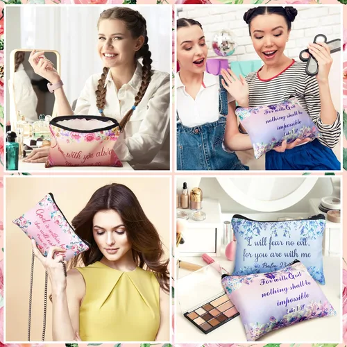 Miniatura 4 de Pinkunn - 16 bolsas de maquillaje de lona, regalos a granel para mujeres, bolsa de cosméticos inspiradores cristianos religiosos con cremallera