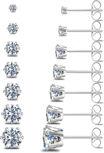 Juego de 7 pares de aretes tipo dormilona de plata dorados, negros, hipoalergénicos, circonita cúbica, titanio, acero inoxidable, plata, oro rosa,