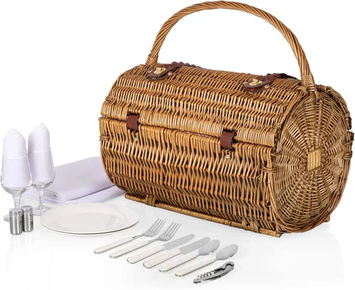 Miniatura 3 de Picnic TIME Cesta de picnic de mimbre para 2, romántica cesta de mimbre de madera redondeada de estilo inglés con servicio de lujo para 2