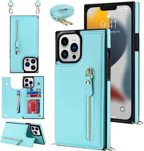 Miniatura 14 de Funda cruzada para teléfono iPhone 13 Pro Max de cuero con tarjetero, funda protectora extraíble, correa de cuero ajustable con botón, compatible
