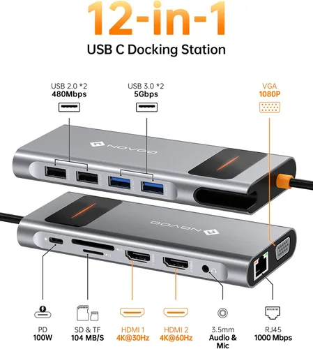 Miniatura 2 de NOVOO Estación de acoplamiento USB C Monitor dual HDMI para laptop Dell HP Tipo USB C Hub Adaptador multipuerto Thunderbolt 3 Dongle a 2 HDMI 4K Gris