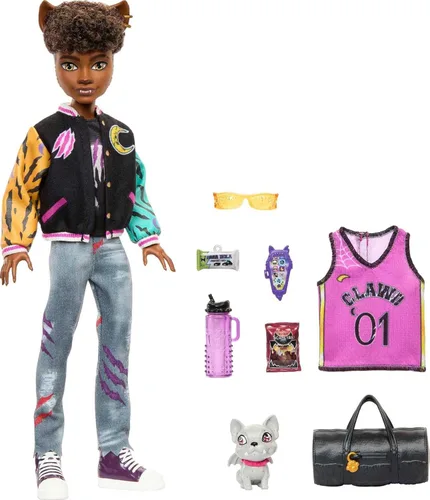 Muñeca de Monster High, muñeca Clawdeen Wolf con bulldog gárgola mascota y accesorios temáticos