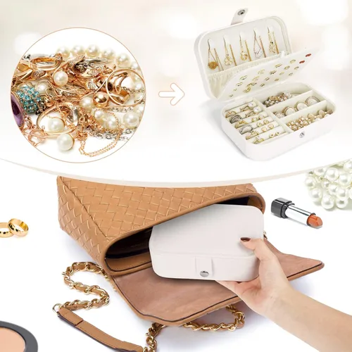 Miniatura 5 de Mpeyuiltic Joyero de viaje, estuche de joyería portátil de piel sintética pequeño para mujeres y niñas, organizador de joyas de viaje de doble capa