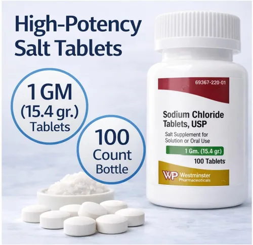 Miniatura 2 de Tabletas de cloruro de sodio USP, 0.04 oz, 100 unidades, suplemento de sal para solución o uso oral, para hacer solución isotónica, prevenir