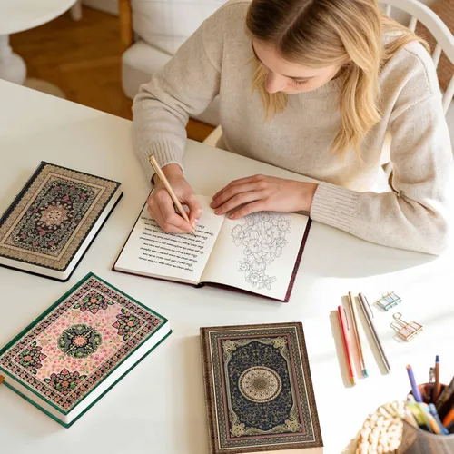 Miniatura 8 de Mlife Cuaderno grueso A5 en blanco, 288 páginas A5, papel liso de 4.23 oz/m², cuaderno de bocetos vintage de tapa dura con estampado floral dorado