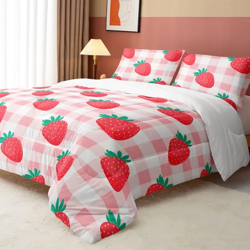Juego de ropa de cama Kawaii de fresa para niñas, juego de ropa de cama con patrón de cuadrícula rosa con 1 edredón y 2 fundas de almohada para