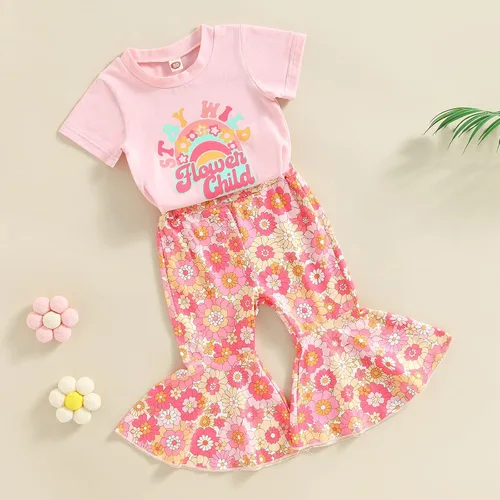 Miniatura 3 de Eadrioss Ropa para bebé niña pequeña, traje de campana de manga corta, camisa de flores para niños, pantalones florales acampanados, ropa de verano