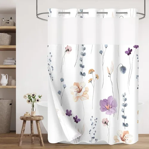 Miniatura 11 de Gibelle Juego de cortina de ducha pequeña sin gancho con forro de tela a presión, 36 x 74 pulgadas, cortina de ducha de flores azules y beige