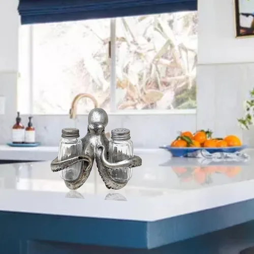 Miniatura 6 de BestGiftEver Juego de salero y pimentero náutico con soporte de pulpo plateado, decoración temática de playa, para entusiastas de la decoración
