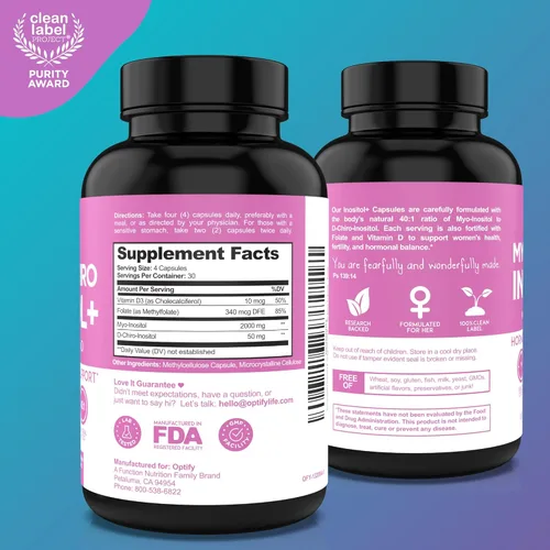 Miniatura 4 de Optify Paquete de suplemento de inositol - Mio-inositol, D-Chiro inositol, folato y vitamina D - Cápsula y polvo - Suministro para 60 días - Apoyo