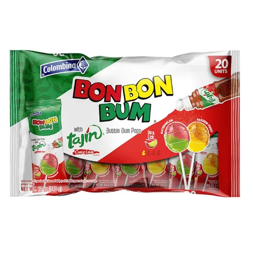 Colombina Bon Bon Bum Tropical Maracuyá y Sandía con Condimento Tajin Chile Lima, 20 Unidades (Paquete de 1)