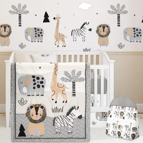 Miniatura 2 de Juego de ropa de cama de 4 piezas para cuna con animales del bosque, incluye falda de cuna de safari en la jungla, manta, sábana de cuna y apilador