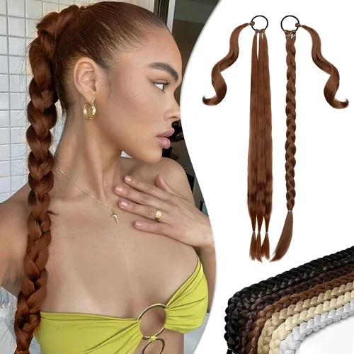 Extensión de cola de caballo larga trenzada con banda para el cabello, color marrón claro, extensiones de cabello sintético suave y natural para