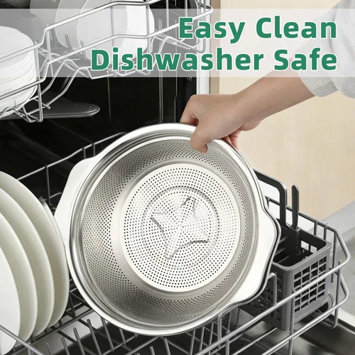 Miniatura 7 de Colador de acero inoxidable para cocina de 2 cuartos de galón, colador microporoso con tazón para mezclar, colador de arroz para lavar verduras
