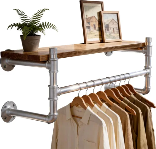 Miniatura 18 de WEBI Perchero de pared con estante, perchero industrial de 24 pulgadas con estantes, barra de ropa de hierro resistente, barra de ropa de exhibición