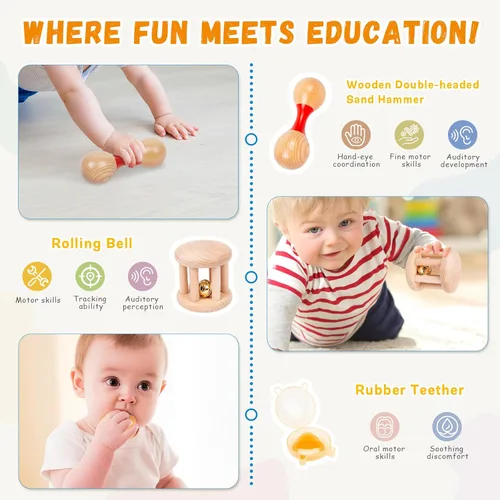 Miniatura 4 de Adena Montessori Kit de juego para bebés de 3 a 4 meses, juguetes educativos de aprendizaje de madera 8 en 1 para niños pequeños, incluye libro