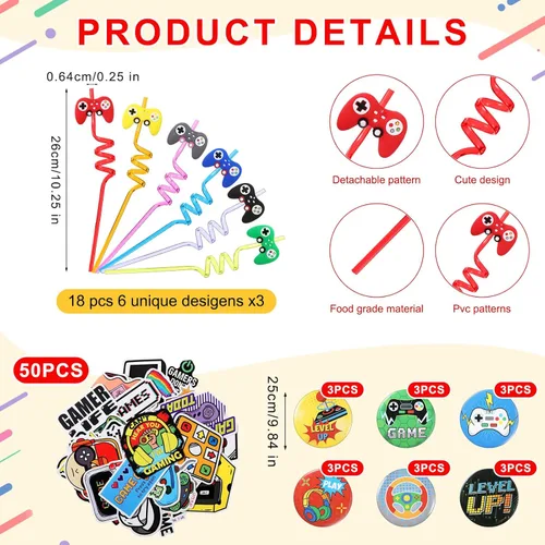 Miniatura 4 de Sadnyy 140 piezas de regalos de fiesta de videojuegos, decoraciones de cumpleaños, bolsas con cordón con pulseras de silicona, llaveros, pajitas