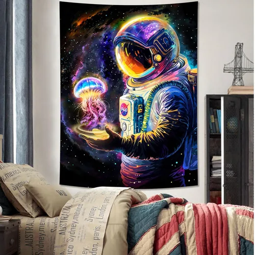Miniatura 4 de Accnicc Tapiz espacial de astronauta con luz negra para dormitorio, estético, reactivo a los rayos UV, neón espacial, medusa, galaxia, tapices