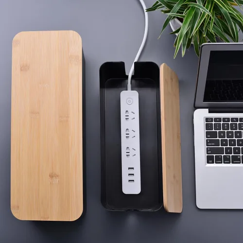 Miniatura 7 de Paquete de 2 cajas grandes para organizar cables, caja organizadora de cables de estilo madera y cubierta para cables de TV, computadora, enrutador