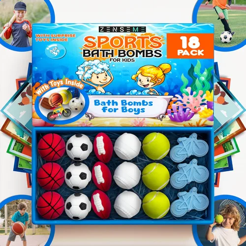 Bombas de baño para niños con juguetes en el interior con tarjetas flash, bombas de baño deportivas para niños, juego de regalo de 18 perfumadas