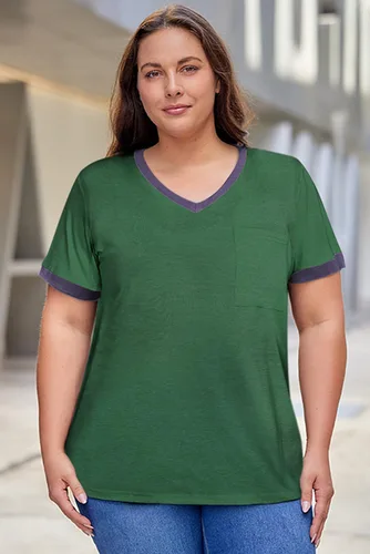 Miniatura 86 de Eytino Blusas de talla grande para mujer, cuello en V, manga corta, a rayas, casual, holgada, con bolsillo (1X-5X)