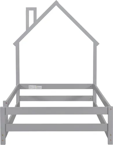 Miniatura 9 de Cama de suelo de tamaño individual con cabecera en forma de casa, cama individual de madera para niños con rieles, cama de piso individual