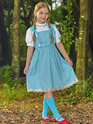 Miniatura 3 de Girls Halloween Clothing Blue Gingham Puff Sleeves Midi Dress Outfit with Hair Bows 5-14 Years
